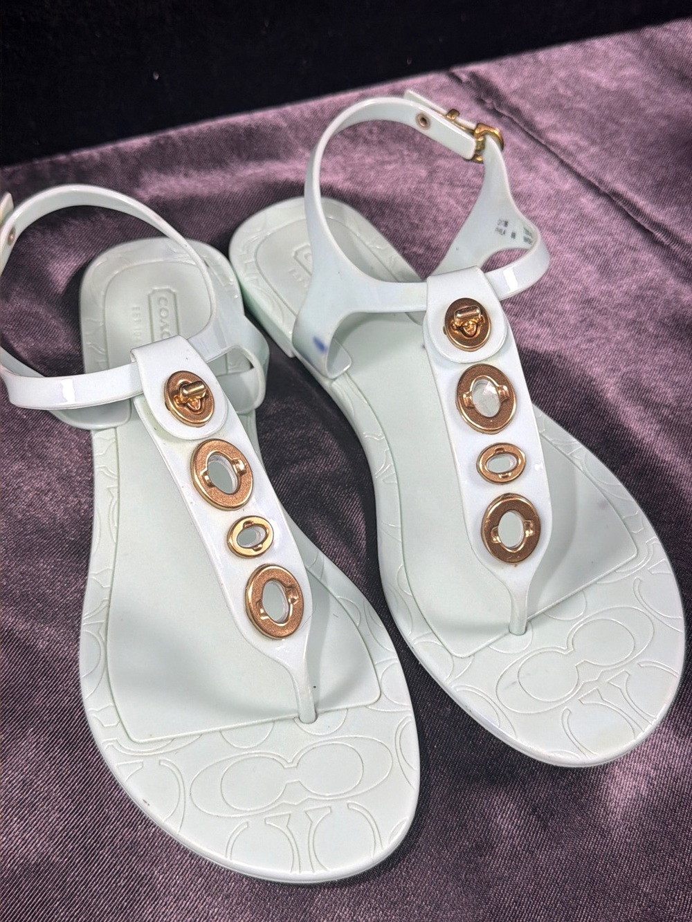 Coach green T-Strap Sandals with Gold-Tone Ring Accents